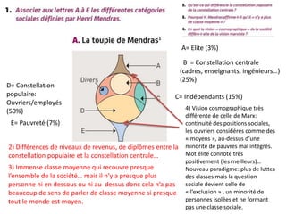 A= Elite (3%)
B = Constellation centrale
(cadres, enseignants, ingénieurs…)
(25%)
C= Indépendants (15%)
D= Constellation
populaire:
Ouvriers/employés
(50%)
E= Pauvreté (7%)
4) Vision cosmographique très
différente de celle de Marx:
continuité des positions sociales,
les ouvriers considérés comme des
« moyens », au-dessus d’une
minorité de pauvres mal intégrés.
Mot élite connoté très
positivement (les meilleurs)…
Nouveau paradigme: plus de luttes
des classes mais la question
sociale devient celle de
« l’exclusion » , un minorité de
personnes isolées et ne formant
pas une classe sociale.
2) Différences de niveaux de revenus, de diplômes entre la
constellation populaire et la constellation centrale…
3) Immense classe moyenne qui recouvre presque
l’ensemble de la société… mais il n’y a presque plus
personne ni en dessous ou ni au dessus donc cela n’a pas
beaucoup de sens de parler de classe moyenne si presque
tout le monde est moyen.
 