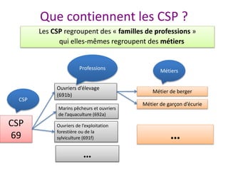 Que contiennent les CSP ?
Les CSP regroupent des « familles de professions »
qui elles-mêmes regroupent des métiers
CSP
69
Métier de berger
Marins pêcheurs et ouvriers
de l’aquaculture (692a)
Ouvriers de l’exploitation
forestière ou de la
sylviculture (691f)
Ouvriers d’élevage
(691b)
Métier de garçon d’écurie
CSP
Professions Métiers
…
…
 