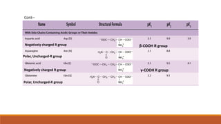 Cont--
β-COOH R group
γ-COOH R group
Polar, Uncharged-R group
Polar, Uncharged-R group
Negatively charged R group
Negatively charged R group
 