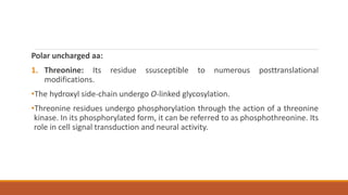 Polar uncharged aa:
1. Threonine: Its residue ssusceptible to numerous posttranslational
modifications.
•The hydroxyl side-chain undergo O-linked glycosylation.
•Threonine residues undergo phosphorylation through the action of a threonine
kinase. In its phosphorylated form, it can be referred to as phosphothreonine. Its
role in cell signal transduction and neural activity.
 