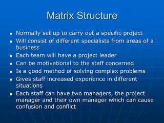 MMaattrriixx SSttrruuccttuurree 
 NNoorrmmaallllyy sseett uupp ttoo ccaarrrryy oouutt aa ssppeecciiffiicc pprroojjeecctt 
 WWiillll ccoonnssiisstt ooff ddiiffffeerreenntt ssppeecciiaalliissttss ffrroomm aarreeaass ooff aa 
bbuussiinneessss 
 EEaacchh tteeaamm wwiillll hhaavvee aa pprroojjeecctt lleeaaddeerr 
 CCaann bbee mmoottiivvaattiioonnaall ttoo tthhee ssttaaffff ccoonncceerrnneedd 
 IIss aa ggoooodd mmeetthhoodd ooff ssoollvviinngg ccoommpplleexx pprroobblleemmss 
 GGiivveess ssttaaffff iinnccrreeaasseedd eexxppeerriieennccee iinn ddiiffffeerreenntt 
ssiittuuaattiioonnss 
 EEaacchh ssttaaffff ccaann hhaavvee ttwwoo mmaannaaggeerrss,, tthhee pprroojjeecctt 
mmaannaaggeerr aanndd tthheeiirr oowwnn mmaannaaggeerr wwhhiicchh ccaann ccaauussee 
ccoonnffuussiioonn aanndd ccoonnfflliicctt 
 