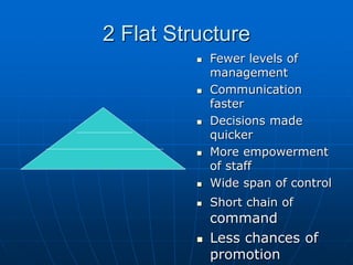 22 FFllaatt SSttrruuccttuurree 
 FFeewweerr lleevveellss ooff 
mmaannaaggeemmeenntt 
 CCoommmmuunniiccaattiioonn 
ffaasstteerr 
 DDeecciissiioonnss mmaaddee 
qquuiicckkeerr 
 MMoorree eemmppoowweerrmmeenntt 
ooff ssttaaffff 
 WWiiddee ssppaann ooff ccoonnttrrooll 
 SShhoorrtt cchhaaiinn ooff 
ccoommmmaanndd 
 LLeessss cchhaanncceess ooff 
pprroommoottiioonn 
 