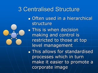 33 CCeennttrraalliisseedd SSttrruuccttuurree 
 OOfftteenn uusseedd iinn aa hhiieerraarrcchhiiccaall 
ssttrruuccttuurree 
 TThhiiss iiss wwhheenn ddeecciissiioonn 
mmaakkiinngg aanndd ccoonnttrrooll iiss 
rreessttrriicctteedd ttoo tthhoossee aatt ttoopp 
lleevveell mmaannaaggeemmeenntt 
 TThhiiss aalllloowwss ffoorr ssttaannddaarrddiisseedd 
pprroocceesssseess wwhhiicchh iinn ttuurrnn 
mmaakkee iitt eeaassiieerr ttoo pprroommoottee aa 
ccoorrppoorraattee iimmaaggee 
 