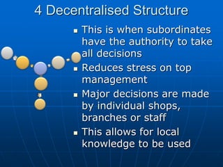 44 DDeecceennttrraalliisseedd SSttrruuccttuurree 
 TThhiiss iiss wwhheenn ssuubboorrddiinnaatteess 
hhaavvee tthhee aauutthhoorriittyy ttoo ttaakkee 
aallll ddeecciissiioonnss 
 RReedduucceess ssttrreessss oonn ttoopp 
mmaannaaggeemmeenntt 
 MMaajjoorr ddeecciissiioonnss aarree mmaaddee 
bbyy iinnddiivviidduuaall sshhooppss,, 
bbrraanncchheess oorr ssttaaffff 
 TThhiiss aalllloowwss ffoorr llooccaall 
kknnoowwlleeddggee ttoo bbee uusseedd 
 