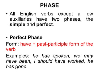 PHASE
• All English verbs except a few
auxiliaries have two phases, the
simple and perfect.
• Perfect Phase
Form: have + past-participle form of the
verb
Examples: he has spoken, we may
have been, I should have worked, he
has gone.
 