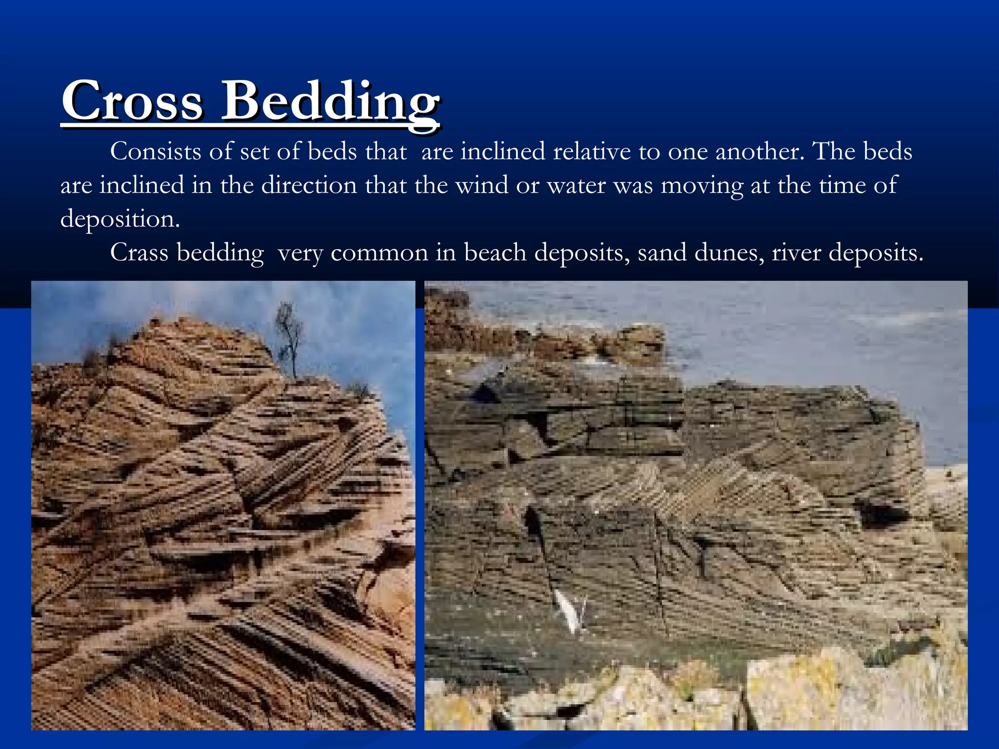 Cross BeddingCross Bedding
Consists of set of beds that are inclined relative to one another. The beds
are inclined in the direction that the wind or water was moving at the time of
deposition.
Crass bedding very common in beach deposits, sand dunes, river deposits.
 