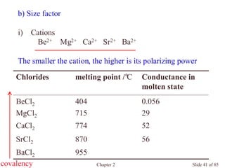 Chapter 2 Slide 41 of 85
b) Size factor
i) Cations
Be2+ Mg2+ Ca2+ Sr2+ Ba2+
The smaller the cation, the higher is its polarizing power
52774CaCl2
56870SrCl2
Conductance in
molten state
melting point /°CChlorides
955BaCl2
29715MgCl2
0.056404BeCl2
covalency
 