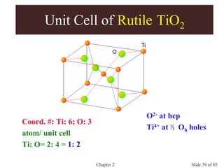 Chapter 2 Slide 59 of 85
Unit Cell of Rutile TiO2
O2- at hcp
Ti4+ at ½ Oh holes
Coord. #: Ti: 6; O: 3
atom/ unit cell
Ti: O= 2: 4 = 1: 2
 