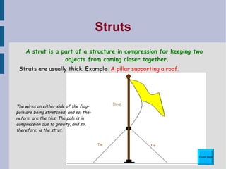 Structural Members STRUCTURAL MEMBER A structural member is a  part of a structure.  Tension Compression Redundant REDUNDANT MEMBER A  redundant member  is a part of a structure that is neither in tension nor compression. Redundant members can be removed from structures without the structure weakening. A good design has not redundant members. Cover page 