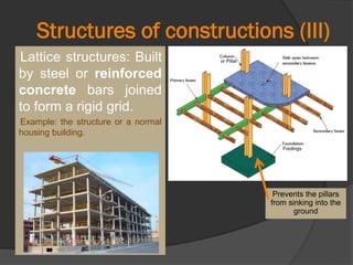 Lattice structures: Built
by steel or reinforced
concrete bars joined
to form a rigid grid.
Example: the structure or a normal
housing building.
Structures of constructions (III)
Footings
Prevents the pillars
from sinking into the
ground
or Pillar
 