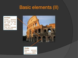 Basic elements (II)
Walls
Massive elements
that support
compression efforts.
Arches
Curved elements
that tranfer the loads
the hold to the
supports on their
extremities.
They are subjected
to compression.
 