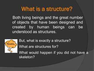 What is a structure?
But, what is exactly a structure?
What are structures for?
What would happen if you did not have a
skeleton?
Both living beings and the great number
of objects that have been designed and
created by human beings can be
understood as structures.
 