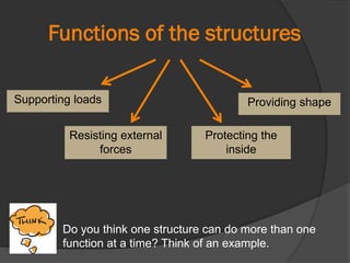 Functions of the structures
Supporting loads
Resisting external
forces
Providing shape
Protecting the
inside
Do you think one structure can do more than one
function at a time? Think of an example.
 