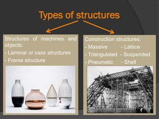 Types of structures
Structures of machines and
objects:
- Laminar or case structures
- Frame structure
--E
Construction structures:
- Massive - Lattice
- Triangulated - Suspended
- Pneumatic - Shell
 