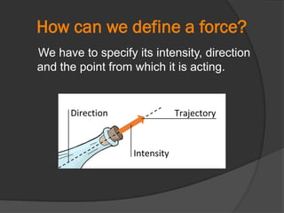How can we define a force?
We have to specify its intensity, direction
and the point from which it is acting.
 