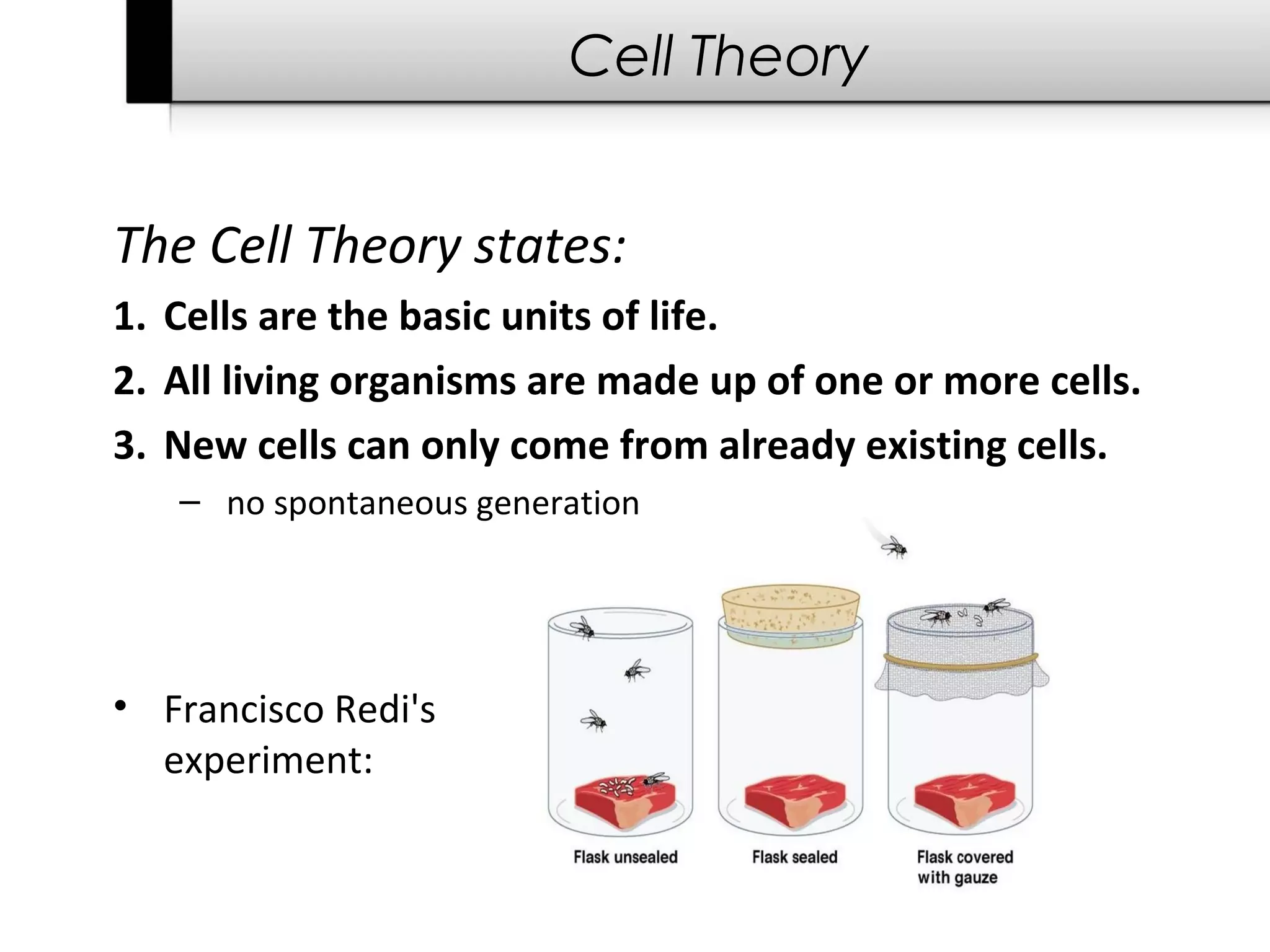 Cell Theory


The Cell Theory states:
1. Cells are the basic units of life.
2. All living organisms are made up of one or more cells.
3. New cells can only come from already existing cells.
   – no spontaneous generation




• Francisco Redi's
  experiment:
 