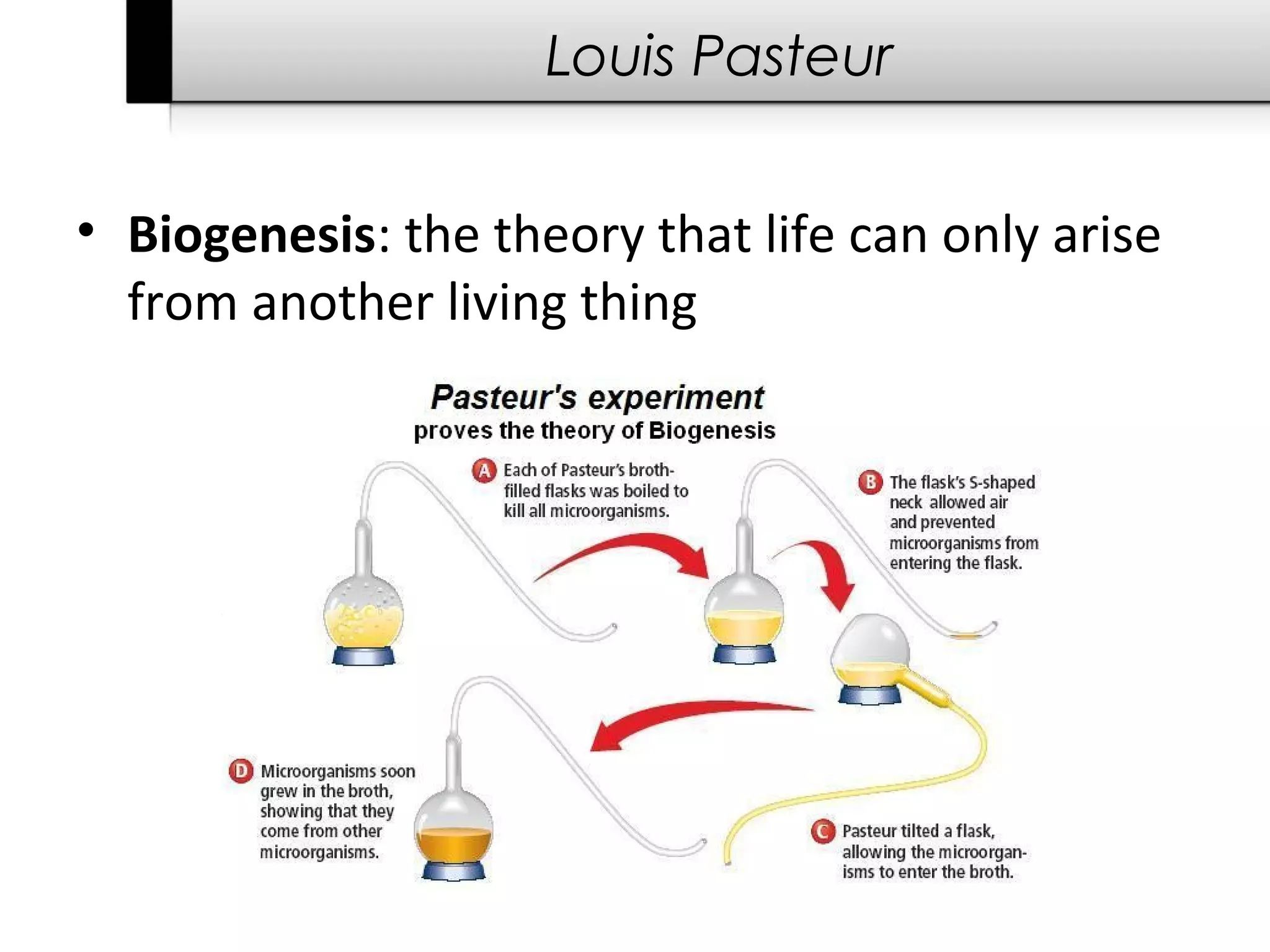 Louis Pasteur


• Biogenesis: the theory that life can only arise
  from another living thing
 