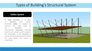 Cables System
Types of Building’s Structural System
A cable structure is a type
of structure that utilizes
tensioned cables to support or
transmit the major loads of
the structure. In
conventional structures, concrete
columns are usually used to support
the self-weight of the structure as
well as the downward loads but there
are cases where this system is
undesirable.
 