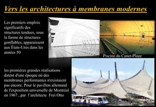 Les premiers emplois
significatifs des
structures tendues, sous
la forme de structures
gonflables, apparaissent
aux États-Unis dans les
années 50
Piscine du Canet-Plage
les premières grandes réalisations
datent d'une époque où des
membranes performantes n'existaient
pas encore. Pour le pavillon allemand
de l'exposition universelle de Montréal
en 1967 , par l’architecte Frei Otto
 