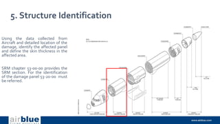 5. Structure Identification
Using the data collected from
Aircraft and detailed location of the
damage, identify the affected panel
and define the skin thickness in the
affected area.
SRM chapter 53-00-00 provides the
SRM section. For the identification
of the damage panel 53-20-00 must
be referred.
 