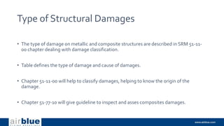 Type of Structural Damages
• The type of damage on metallic and composite structures are described in SRM 51-11-
00 chapter dealing with damage classification.
• Table defines the type of damage and cause of damages.
• Chapter 51-11-00 will help to classify damages, helping to know the origin of the
damage.
• Chapter 51-77-10 will give guideline to inspect and asses composites damages.
 