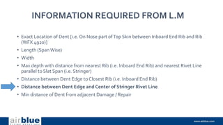 INFORMATION REQUIRED FROM L.M
• Exact Location of Dent [i.e. On Nose part ofTop Skin between Inboard End Rib and Rib
(WFX 4920)]
• Length (SpanWise)
• Width
• Max depth with distance from nearest Rib (i.e. Inboard End Rib) and nearest Rivet Line
parallel to Slat Span (i.e. Stringer)
• Distance between Dent Edge to Closest Rib (i.e. Inboard End Rib)
• Distance between Dent Edge and Center of Stringer Rivet Line
• Min distance of Dent from adjacent Damage / Repair
 