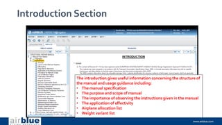 Introduction Section
The introduction gives useful information concerning the structure of
the manual and usage guidance including:
• The manual specification
• The purpose and scope of manual
• The importance of observing the instructions given in the manual
• The application of effectivity
• Airplane allocation list
• Weight variant list
 