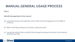 MANUAL GENERAL USAGE PROCESS
Step 2
Identify damaged part in the manual.
(a) Locate the section and subsection which refers to the damaged part in theTable of
Contents.
(b) Refer to the figure reference at section, subsection level.
(c) Locate the relevant figure, identify the damaged component and refer to the relevant
Identification Data.
 