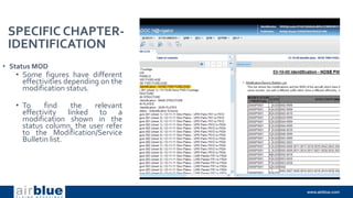 SPECIFIC CHAPTER-
IDENTIFICATION
• Status MOD
• Some figures have different
effectivities depending on the
modification status.
• To find the relevant
effectivity linked to a
modification shown in the
status column, the user refer
to the Modification/Service
Bulletin list.
 