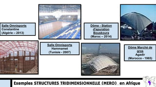 Exemples STRUCTURES TRIDIMENSIONNELLE (MERO) en Afrique
Salle Omnisports
Constantine
(Algérie – 2013)
Salle Omnisports
Hammamet
(Tunisie - 2007)
Dôme Marché de
gros
Agadir
(Morocco - 1965)
Dôme - Station
d'epuration
Bouskoura
(Maroc – 2014)
 