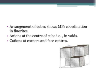 • Arrangement of cubes shows MF8 coordination
in fluorites.
• Anions at the centre of cube i.e. , in voids.
• Cations at corners and face centres.

 