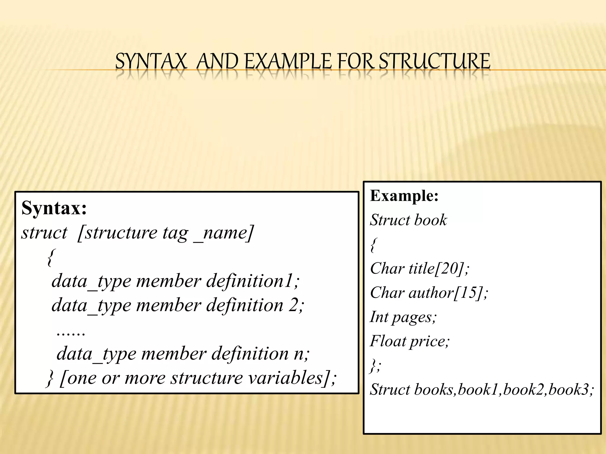 SYNTAX AND EXAMPLE FOR STRUCTURE
Syntax:
struct [structure tag _name]
{
data_type member definition1;
data_type member definition 2;
......
data_type member definition n;
} [one or more structure variables];
Example:
Struct book
{
Char title[20];
Char author[15];
Int pages;
Float price;
};
Struct books,book1,book2,book3;
 