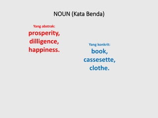 NOUN (Kata Benda)
Yang konkrit:
book,
cassesette,
clothe.
Yang abstrak:
prosperity,
dilligence,
happiness.
 
