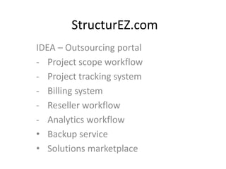 StructurEZ.com
IDEA – Outsourcing portal
- Project scope workflow
- Project tracking system
- Billing system
- Reseller workflow
- Analytics workflow
• Backup service
• Solutions marketplace
 