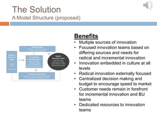 The Solution
A Model Structure (proposed)


                         Benefits
                         • Multiple sources of innovation
                         • Focused innovation teams based on
                           differing sources and needs for
                           radical and incremental innovation
                         • Innovation embedded in culture at all
                           levels
                         • Radical innovation externally focused
                         • Centralized decision making and
                           budget to encourage speed to market
                         • Customer needs remain in forefront
                           for incremental innovation and BU
                           teams
                         • Dedicated resources to innovation
                           teams
 