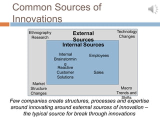 Common Sources of
 Innovations
       Ethnography                              Technology
                             External
        Research                                 Changes
                             Sources
                         Internal Sources
                       Internal     Employees
                     Brainstormin
                          g
                       Reactive
                      Customer        Sales
                      Solutions
         Market
        Structure                                 Macro
        Changes                                 Trends and
                                                   Shifts
Few companies create structures, processes and expertise
around innovating around external sources of innovation –
     the typical source for break through innovations
 