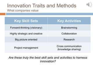 Innovation Traits and Methods
What companies value


    Key Skill Sets                   Key Activities
 Forward-thinking (visionary)           Brainstorming

 Highly strategic and creative           Collaboration

     Big picture oriented                 Research

                                     Cross communication
    Project management
                                     (knowledge sharing)


Are these truly the best skill sets and activities to harness
                       innovation?
 