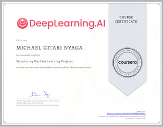 J ul 31, 2020
MICHAEL GITARI NYAGA
Structuring Machine Learning Projects
an online non-credit course authorized by DeepLearning.AI and offered through Coursera
has successfully completed
Andrew Ng, Founder, DeepLearning.AI & Co-founder, Coursera
Kian Katanforoosh, Co-founder, Workera
Younes Bensouda Mourri, Instructor of AI, Stanford University
Verify at:
https://coursera.org/verify/8AKPA2R28H9U
Cour ser a has confir med the identity of this individual and their
par ticipation in the cour se.
 
