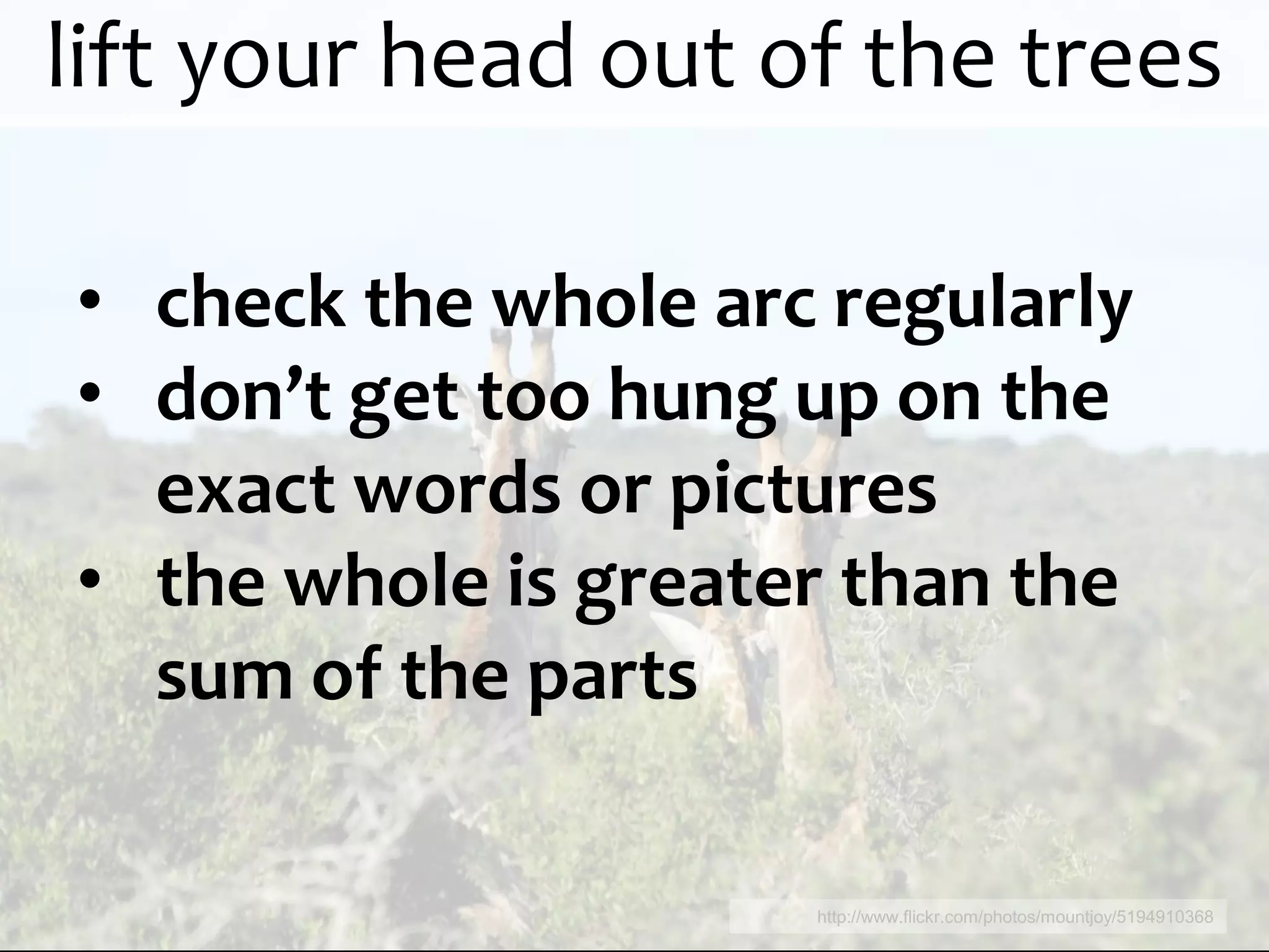 lift your head out of the trees

• check the whole arc regularly
• don’t get too hung up on the
  exact words or pictures
• the whole is greater than the
  sum of the parts

                     http://www.flickr.com/photos/mountjoy/5194910368
 