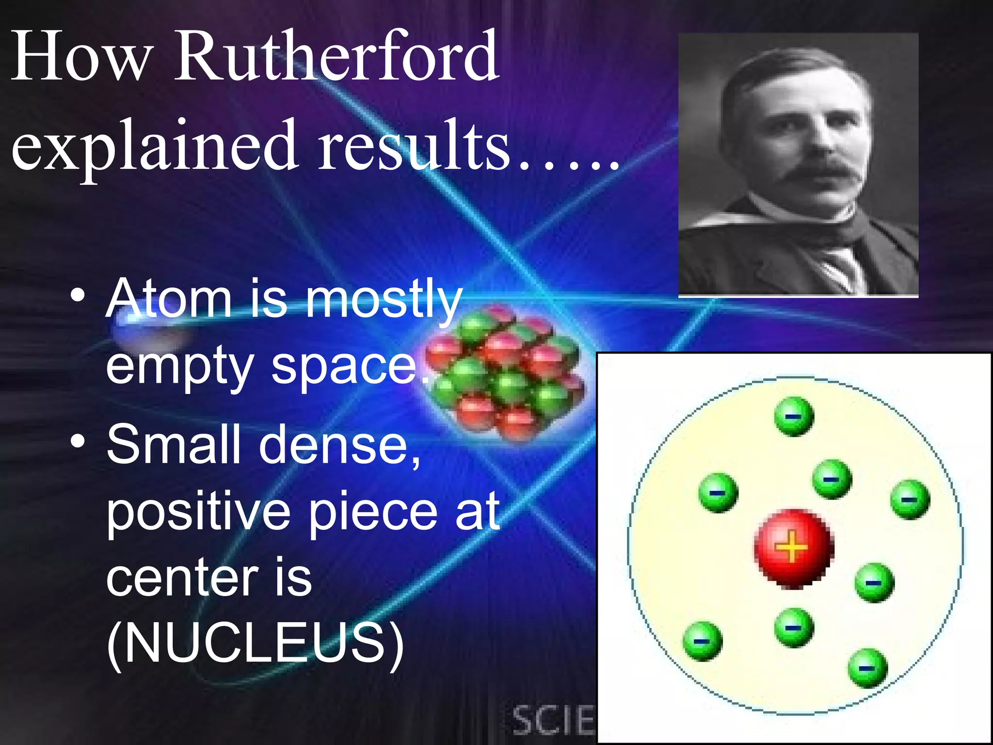 How Rutherford
explained results…..
 • Atom is mostly
   empty space.
 • Small dense,
   positive piece at
   center is
   (NUCLEUS)
 