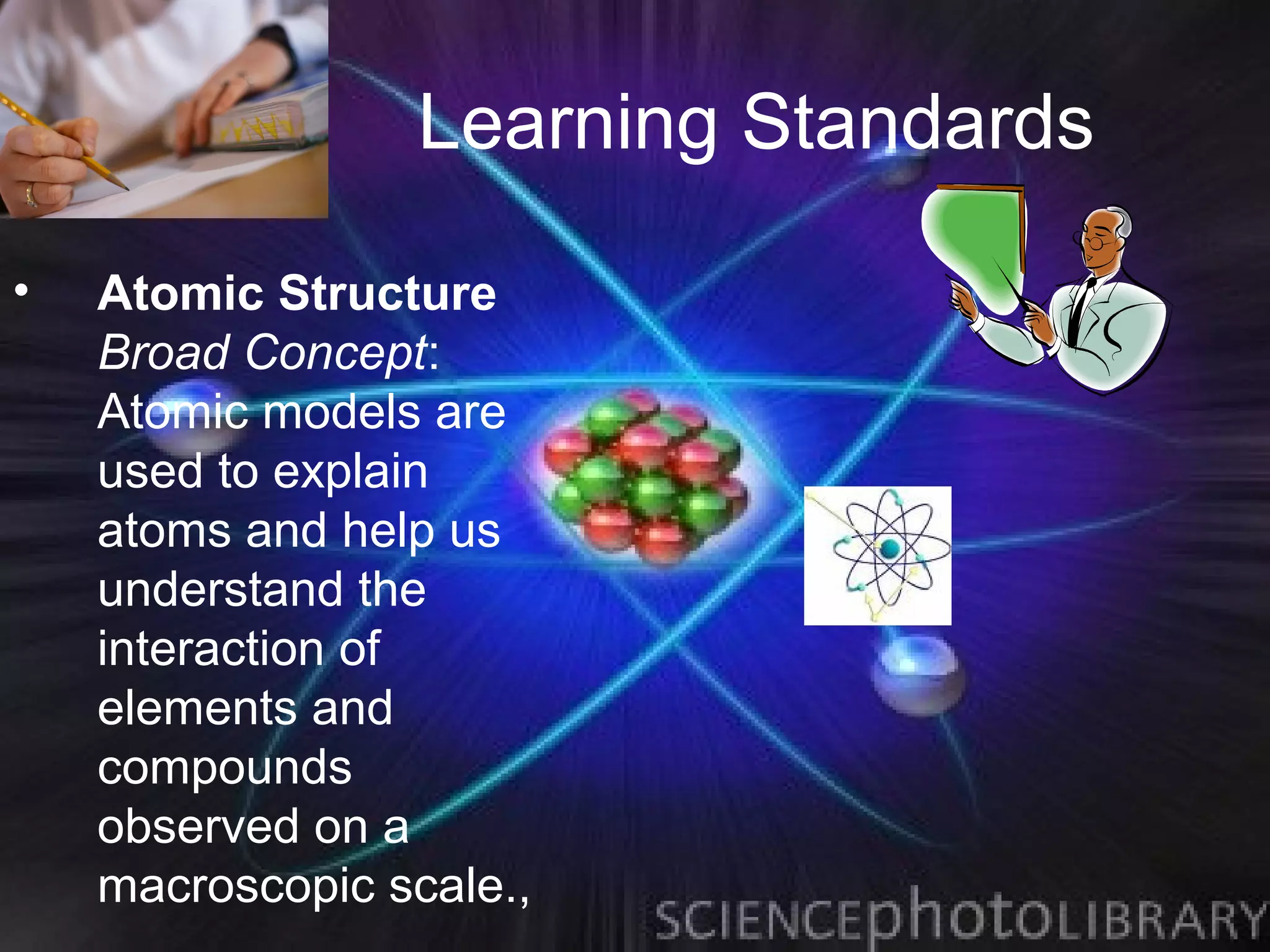 Learning Standards

•   Atomic Structure
    Broad Concept:
    Atomic models are
    used to explain
    atoms and help us
    understand the
    interaction of
    elements and
    compounds
    observed on a
    macroscopic scale.,
 