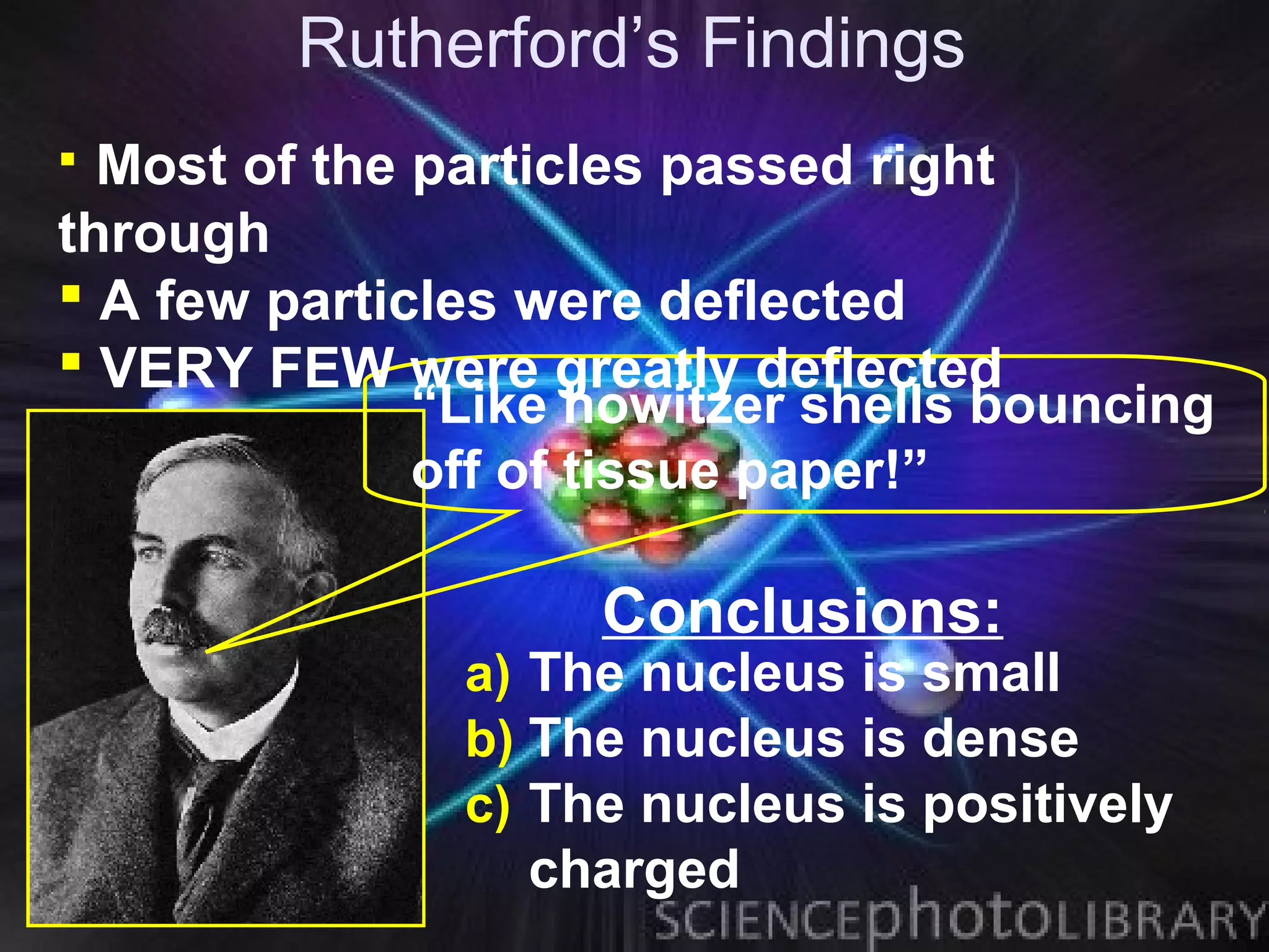 Rutherford’s Findings
 Most of the particles passed right
through
 A few particles were deflected
 VERY FEW were greatly deflected
              “Like howitzer shells bouncing
              off of tissue paper!”

                    Conclusions:
               a) The nucleus is small
               b) The nucleus is dense
               c) The nucleus is positively
                 charged
 