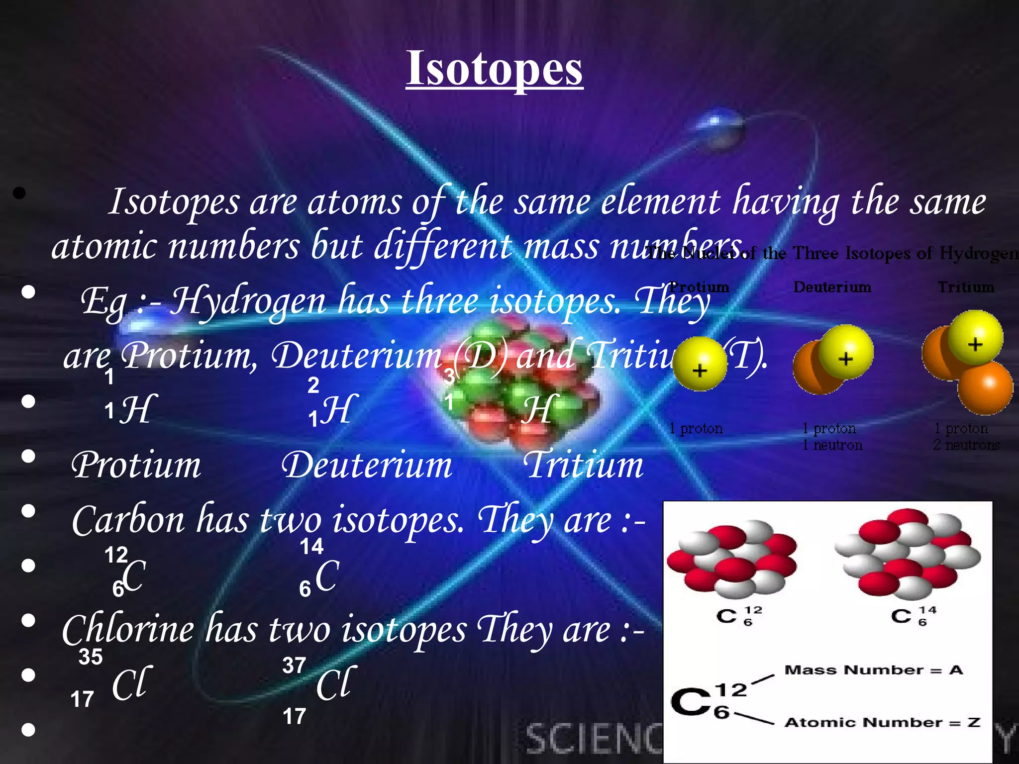 Isotopes

•      Isotopes are atoms of the same element having the same
  atomic numbers but different mass numbers.
• Eg :- Hydrogen has three isotopes. They
   are1 Protium, Deuterium 3(D) and Tritium (T).
                     2
• 1H                 1H
                            1
                                  H
• Protium         Deuterium       Tritium
• Carbon has two isotopes. They are :-
       12          14
•       6C         6C
• Chlorine has two isotopes They are :-
    35            37
• 17 Cl              Cl
                  17
•
 