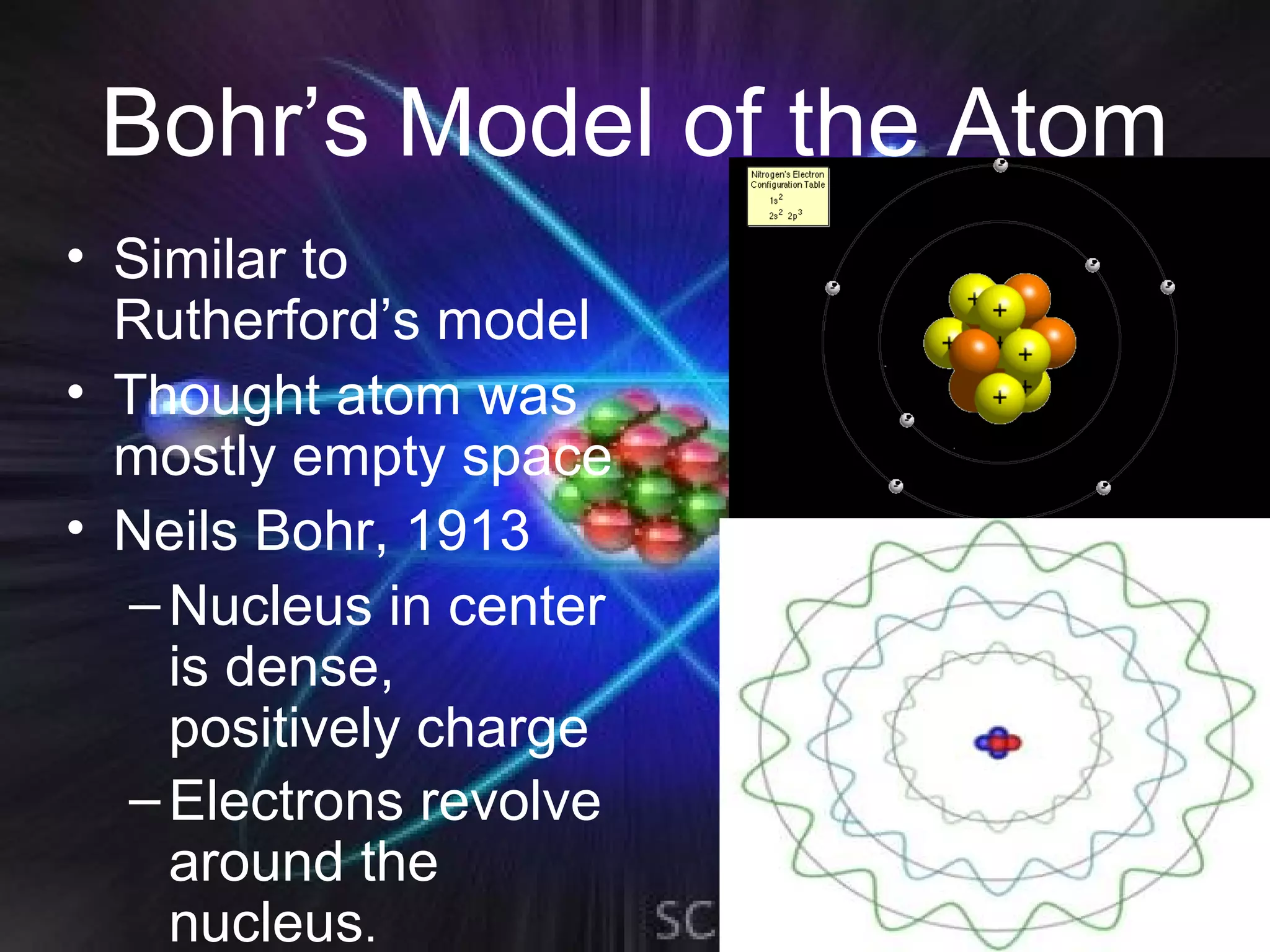 Bohr’s Model of the Atom
• Similar to
  Rutherford’s model
• Thought atom was
  mostly empty space
• Neils Bohr, 1913
  – Nucleus in center
    is dense,
    positively charge
  – Electrons revolve
    around the
    nucleus.
 