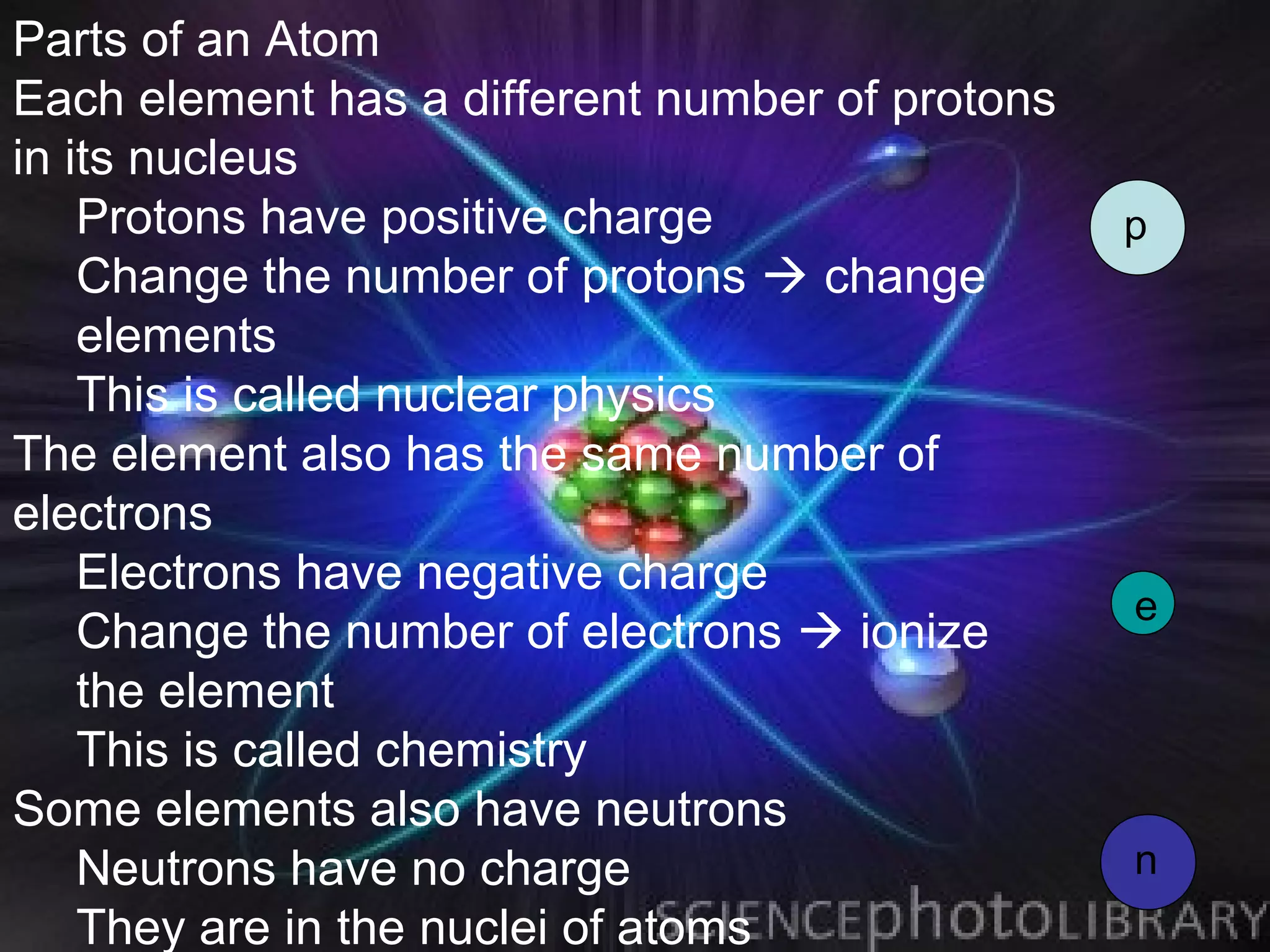 Parts of an Atom
Each element has a different number of protons
in its nucleus
    Protons have positive charge                 p
    Change the number of protons  change
    elements
    This is called nuclear physics
The element also has the same number of
electrons
    Electrons have negative charge
                                                 e
    Change the number of electrons  ionize
    the element
    This is called chemistry
Some elements also have neutrons
    Neutrons have no charge                      n
    They are in the nuclei of atoms
 