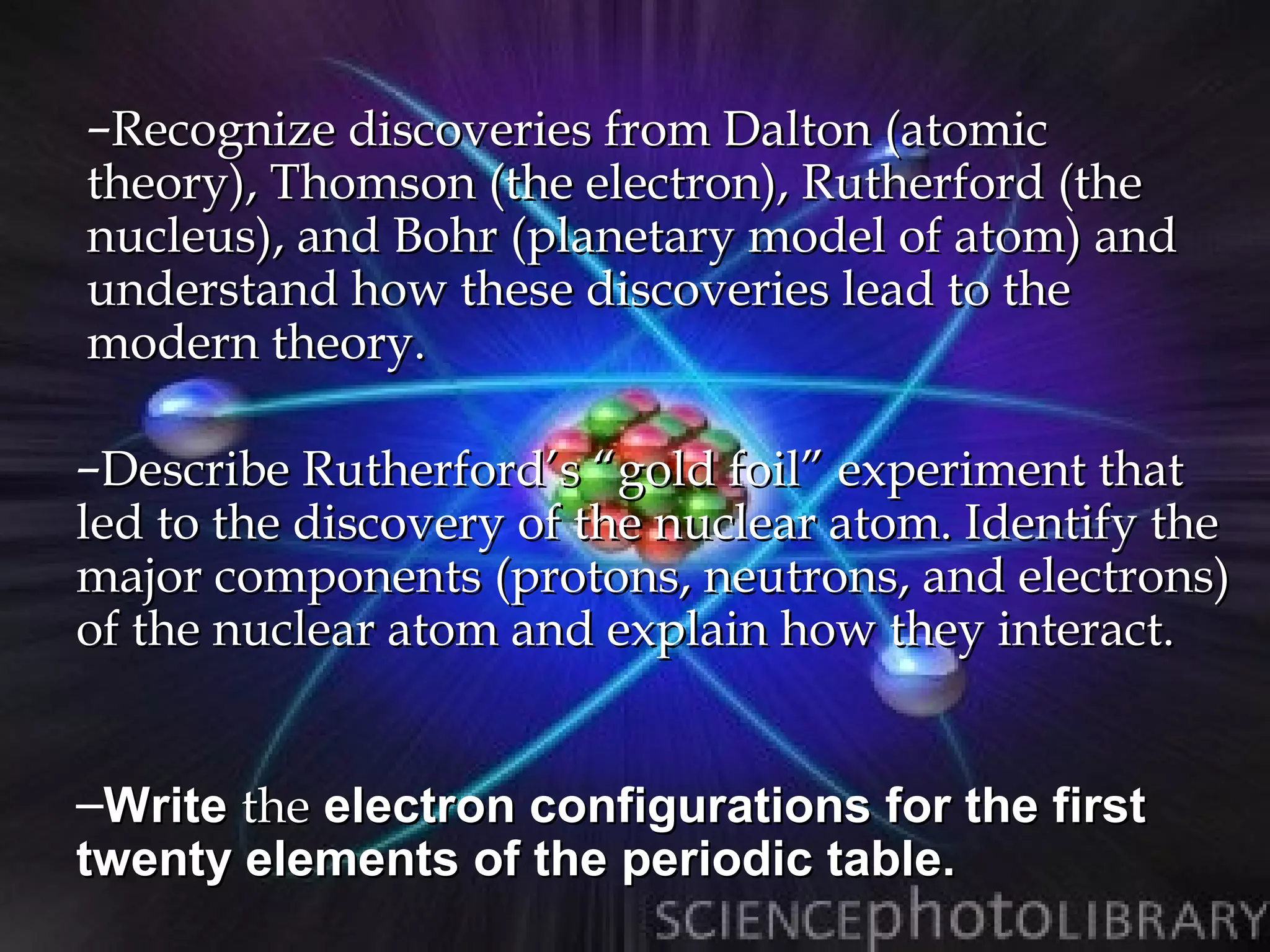 –Recognize discoveries from Dalton (atomic
theory), Thomson (the electron), Rutherford (the
nucleus), and Bohr (planetary model of atom) and
understand how these discoveries lead to the
modern theory.

–Describe Rutherford’s “gold foil” experiment that
led to the discovery of the nuclear atom. Identify the
major components (protons, neutrons, and electrons)
of the nuclear atom and explain how they interact.


–Write the electron configurations for the first
twenty elements of the periodic table.
 