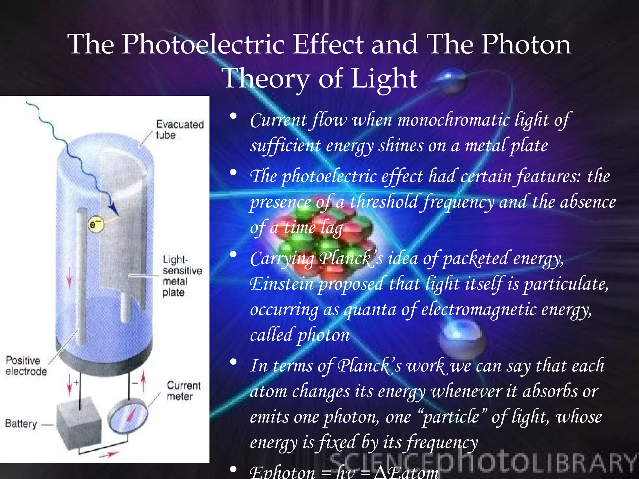 The Photoelectric Effect and The Photon
           Theory of Light
            • Current flow when monochromatic light of
              sufficient energy shines on a metal plate
            • The photoelectric effect had certain features: the
              presence of a threshold frequency and the absence
              of a time lag
            • Carrying Planck’s idea of packeted energy,
              Einstein proposed that light itself is particulate,
              occurring as quanta of electromagnetic energy,
              called photon
            • In terms of Planck’s work we can say that each
              atom changes its energy whenever it absorbs or
              emits one photon, one “particle” of light, whose
              energy is fixed by its frequency
            • Ephoton = hν = ∆Eatom
 