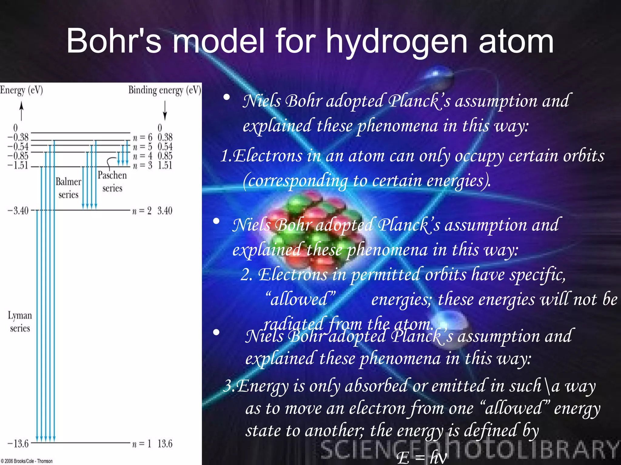 Bohr's model for hydrogen atom
         • Niels Bohr adopted Planck’s assumption and
            explained these phenomena in this way:
         1.Electrons in an atom can only occupy certain orbits
            (corresponding to certain energies).
        • Niels Bohr adopted Planck’s assumption and
          explained these phenomena in this way:
           2. Electrons in permitted orbits have specific,
               “allowed”      energies; these energies will not be
        • Niels Bohr from the Planck’s assumption and
               radiated
                        adopted
                                 atom.
            explained these phenomena in this way:
         3.Energy is only absorbed or emitted in sucha way
            as to move an electron from one “allowed” energy
            state to another; the energy is defined by
                                  E = hν
 