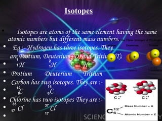 Isotopes

•      Isotopes are atoms of the same element having the same
  atomic numbers but different mass numbers.
• Eg :- Hydrogen has three isotopes. They
   are1 Protium, Deuterium 3(D) and Tritium (T).
                     2
• 1H                 1H
                            1
                                  H
• Protium         Deuterium       Tritium
• Carbon has two isotopes. They are :-
       12          14
•       6C         6C
• Chlorine has two isotopes They are :-
    35            37
• 17 Cl              Cl
                  17
•
 