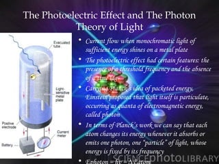 The Photoelectric Effect and The Photon
           Theory of Light
            • Current flow when monochromatic light of
              sufficient energy shines on a metal plate
            • The photoelectric effect had certain features: the
              presence of a threshold frequency and the absence
              of a time lag
            • Carrying Planck’s idea of packeted energy,
              Einstein proposed that light itself is particulate,
              occurring as quanta of electromagnetic energy,
              called photon
            • In terms of Planck’s work we can say that each
              atom changes its energy whenever it absorbs or
              emits one photon, one “particle” of light, whose
              energy is fixed by its frequency
            • Ephoton = hν = ∆Eatom
 